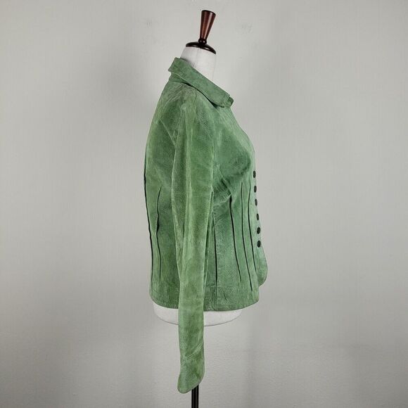 Green Suede Jacket Womens Small Leather Short Western Boho Snaps Festival Rodeo - Picture 2 of 8